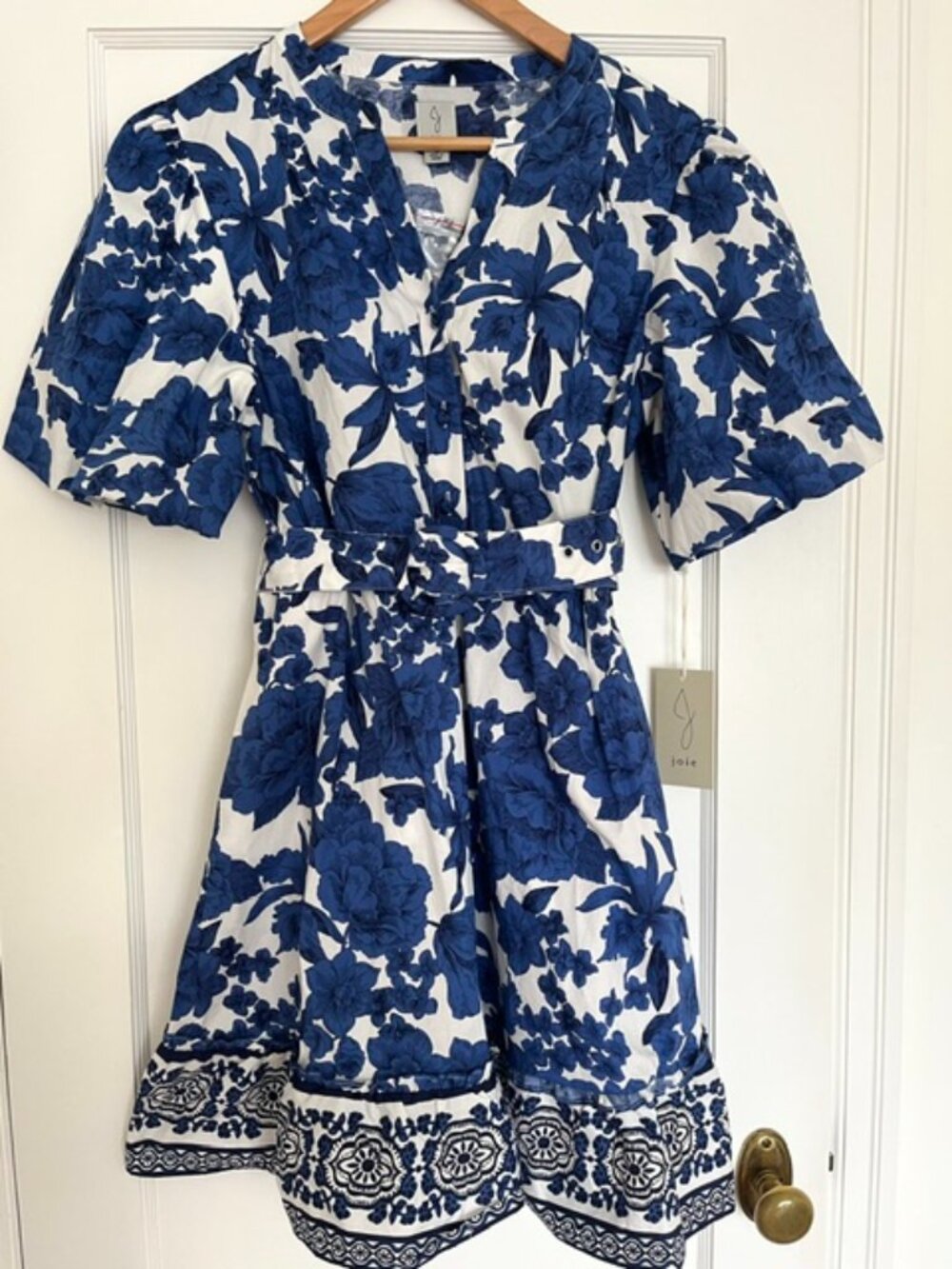 NWT Joie Blue and White Floral Puff Sleeve Belted Dress | Size 12